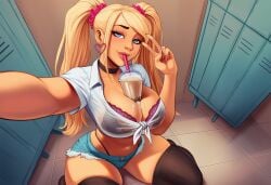 abs ai_generated big_breasts black_bra blonde_hair blue_eyes choker female gyaru heart_earrings jean_shorts muscles sara_(aipxelporn) selfie thighhighs thighs tied_shirt twintails