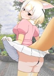 anal anal_object_insertion animal_ear_fluff animal_ears ass blonde_hair blush breasts brown_eyes butt_plug cardigan closed_mouth commentary_request cowboy_shot curtsey female fennec_(kemono_friends) fox_ears fox_girl fox_tail gloves highres kemono_friends looking_at_viewer looking_back medium_breasts miniskirt no_panties object_insertion ollie_(ollie_stratos) photo_background pink_cardigan pleated_skirt sex_toy short_hair short_sleeves skindentation skirt smile solo tail thighhighs white_gloves yellow_thighhighs