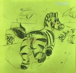 anatomically_correct anatomically_correct_genitalia animal_genitalia animal_vulva anus blush blushing_at_viewer directional_arrow dust_cloud equid equine equine_anus equine_genitalia equine_vulva female feral fur genitals item_box localmare looking_at_viewer looking_back mammal mario_bros mario_kart mario_kart_world nintendo pen_(artwork) plant running sign simple_background solo solo_focus striped_body striped_fur stripes tail traditional_media_(artwork) tree vulva zebra
