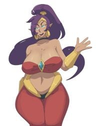 big_breasts blue_eyes breasts breasts brown_body brown_skin genie genie_girl hips leedraw11 purple_hair red_clothing shantae shantae_(character) smile smiling wave wide_hips