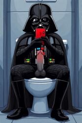 ai_generated aiscum bathroom bathroom_scene cartoon darth_vader death_star dick_pic explicit humor iphone male male_only nude original_artwork parody penis red_iphone sitting solo star_wars taking_picture toilet