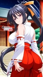 ai_generated akeno_himejima ass ass_focus ass_grab black_hair boosterred99 female from_behind from_behind_position high_school_dxd illustrious_(stable_diffusion) japanese_clothes large_breasts long_hair miko orange_ribbon pony_diffusion_xl ponytail purple_eyes ribbon seductive voluptuous