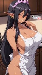 ai_generated apron apron_only black_hair boosterred99 breasts dark_elf dark_skin elf elf_ears female illustrious_(stable_diffusion) kitchen kuroinu_2_~inyoku_ni_somaru_haitoku_no_miyako,_futatabi~ kuroinu_~kedakaki_seijo_wa_hakudaku_ni_somaru~ large_breasts long_hair naked naked_female nude nude_female olga_discordia pony_diffusion_xl sexy_pose thighs tiara yellow_eyes