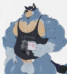 2025 anthro areola arm_hair australian_cattle_dog balls bandit_heeler barazoku biceps big_balls big_muscles big_pecs big_penis bluey_(series) body_hair bottomless bottomless_anthro bottomless_male canid canine canis cattledog chest_hair claws clothed clothing coffee_mug container cup daddy deltoids dilf domestic_dog erection erection_under_clothing eyebrows facial_hair fur furry genitals herding_dog hi_res holding_container holding_cup holding_mug holding_object huge_muscles humanoid_genitalia humanoid_penis kemono male mammal mature_anthro mature_male mug muscular muscular_anthro muscular_male nipples pastoral_dog pecs penis penis_base pubes shirt simple_background smile solo standing stubble tank_top tenting thick_arms thick_penis thick_thighs topwear tuft uneven_balls wallstarrr white_background