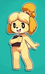 2025 absurd_res animal_crossing blush canid canine canis clipboard domestic_dog female flat_chested gaturo genitals hi_res isabelle_(animal_crossing) looking_at_viewer mammal nintendo nude open_mouth pussy smile solo standing vulva