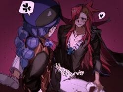 1boy alchemist_cookie alcohol anger_vein aroused asymmetrical_hair black_cape black_pantyhose black_shirt black_shoes blue_brooch blush braid brother_and_sister brown_dress cape closed_mouth collarbone commentary_request cookie_run cup dress drinking_glass face-to-face female footjob_over_clothes frilled_shirt frills from_above from_behind furrowed_brow grey_shoes hair_between_eyes hat heart holding holding_cup humanization incest knee_up korean_commentary long_hair long_sleeves looking_at_another pants pantyhose ponong purple_eyes purple_hair purple_hat red_background red_hair red_wine shadow shirt shoes siblings sidecut simple_background sitting sleeveless sleeveless_dress smile sound_effects spoken_anger_vein spoken_heart spread_legs standing straight striped_clothes striped_dress sweatdrop twin_braids undercut vampire_cookie vertical-striped_clothes vertical-striped_dress very_long_hair vignetting white_pants wine