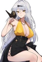 alternate_costume animal_on_shoulder bird bird_on_shoulder black_skin breasts collarbone colored_skin commentary female hair_ornament hairclip halterneck high-waist_skirt highres jewelry large_breasts looking_at_viewer necklace rohioart simple_background skirt solo symbol-only_commentary white_background white_hair yellow_eyes yixuan_(zenless_zone_zero) zenless_zone_zero