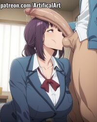 1boy 1girls ai_generated artifical_art balls balls_in_mouth blue_jacket blush collared_shirt curvy_figure dress_shirt incest korean_female light-skinned_female light_skin long_hair neck_ribbon partially_undressed penis penis_on_face perfect_body ponytail purple_eyes purple_hair school_uniform sister solo_leveling sucking sucking_balls sung_jin-ah teenage_girl white_shirt younger_female