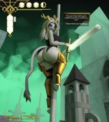 absurd_res accessory annoyed anthro arm_tuft armor artist_logo artist_name ass big_butt blue_eyes bottomless bovid bracelet breaking_the_fourth_wall building caprine castle clearvision climbing clothed clothing detailed_background dialogue dialogue_box eye_bags eyebrows female fur gameplay_mechanics genitals goat gold_(metal) gold_bracelet gold_jewelry greaves grey_body grey_fur grey_hair hair hair_accessory hair_ring half-closed_eyes hi_res holding_object holding_weapon horn huge_butt hybrid inner_labia jewelry lagomorph leotard leporid logo long_ears long_horn long_tail looking_at_viewer looking_back mammal narrowed_eyes pole pole_between_legs pseudoregalia rabbit showing_teeth signature solo sybil_(pseudoregalia) tail talking_to_viewer teeth text thick_thighs tuft unconvincing_armor vulva weapon
