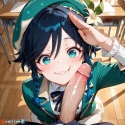 ai ai_generated ass big_dick big_penis blue_eyes blue_hair cum femboy gay genitals genshin_impact hentai highres hoyoverse male male_only orgasm partially_clothed penis pov salute school school_uniform short_hair sucking sucking_penis trap uncensored userzon venti_(genshin_impact) video_game_character video_games yaoi