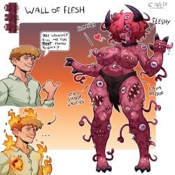 1boy 1girls big_breasts carpinchor claws eldritch_horror fangs female guide_(terraria) horns loincloth male multiple_eyes nipple_mouth purple_eyes red_hair simple_background solo teeth terraria text tongue_out wall_of_flesh