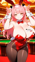 ai_generated boosterred99 bow bowtie bunny bunny_costume bunny_ears bunny_girl bunny_tail bunnysuit casino cuffs fujinoki_nene gal hajimete hajimete_no_gal illustrious_(stable_diffusion) leotard long_hair no pantyhose pink_hair playboy_bunny pony_diffusion_xl rabbit_pose red_bow red_leotard star twintails yellow_eyes