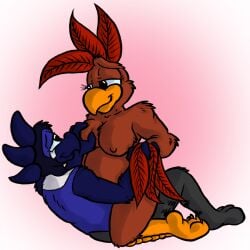 anthro avian bird blue_jay breast_grab breasts chicken corvid cowgirl_position david_hopkins duo eye_contact feathers female from_front_position galliform gallus_(genus) gryphon hand_on_breast jay_(bird) looking_at_another male male/female mythological_avian mythological_creature mythology new_world_jay on_bottom on_top oscine passerine phasianid sex slightly_chubby smile