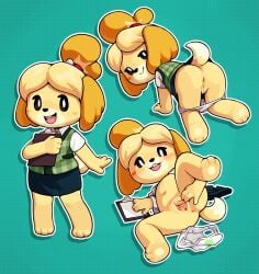 2025 absurd_res all_fours animal_crossing anthro anus ass blush bottomwear canid canine canis clipboard clothed clothing domestic_dog featureless_chest female flat_chested front-print_panties gaturo genitals hi_res isabelle_(animal_crossing) looking_at_viewer mammal multiple_poses nintendo nude panties panties_down panties_removed partially_clothed pose presenting print_clothing print_panties print_underwear pussy shirt skirt smile spread_legs spread_pussy spread_vulva spreading standing tail topwear underwear underwear_down urethra vulva white_clothing white_panties white_underwear yellow_body