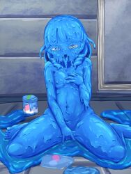 blue_hair blue_skin bodypaint colored_eyelashes colored_skin half-closed_eyes highres idolmaster idolmaster_cinderella_girls masturbation nipples paint painting_(medium) tongue tongue_out torogao traditional_media ujiie_mutsumi wet_and_messy yaneura_(yaneur)