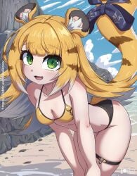 animal_ear_fluff animal_ears beach bent_over bikini blonde_hair blue_bow blue_sky bow breasts cleavage cloud female highres ju_fufu looking_at_viewer multicolored_hair oerba_yun_fang open_mouth rilex_lenov sand sky small_breasts smile solo swimsuit tail tail_bow tail_ornament thigh_strap tiger_ears tiger_girl tiger_tail two-tone_hair water white_hair yellow_bikini zenless_zone_zero