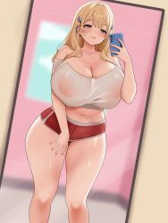 absurdres bidulite blonde_hair blush breasts brown_eyes cowboy_shot curvy female goddess_of_victory:_nikke highres holding holding_phone huge_breasts indoors long_hair mirror mirror_selfie mole mole_under_eye nail_polish navel official_alternate_costume phone pink_nails red_shorts selfie shirt shorts solo thick_thighs thighs tia_(nikke) tia_(sweet_chef)_(nikke) white_shirt