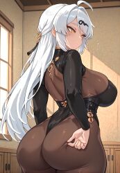 ai_generated ass big_ass big_breasts breasts female leotard luckypathai skin_tight skinsuit white_hair yellow_eyes yixuan_(zenless_zone_zero) zenless_zone_zero