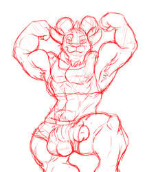 aaron_(artist) anthro balls big_balls big_muscles big_penis bulge caprine flexing furry looking_at_viewer male male_only muscles nipples penis ram rammy_aaron sketch solo underwear