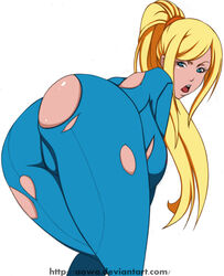 angry ass blonde_hair bodysuit dat_ass female female_only human metroid nintendo samus_aran solo torn_clothes withpride zero_suit_samus