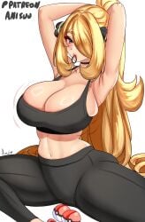 1girls alternate_breast_size anisdrawn armpits arms_up bare_shoulders big_breasts black_leggings black_sports_bra blonde_hair blush breasts cleavage closed_mouth cynthia_(pokemon) female grey_eyes hair_ornament hair_over_one_eye hair_tie hair_tie_in_mouth highres large_breasts leggings long_hair looking_at_viewer midriff mouth_hold navel nintendo pants poke_ball poke_ball_(basic) pokemon pokemon_dppt ponytail simple_background solo sports_bra sportswear stomach tying_hair very_long_hair white_background yoga_pants