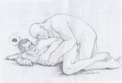 anal anal_sex blush doggy_style gay gay_sex graphite_(medium) heavy_weapons_guy medic_(team_fortress_2) monochrome nude penis penis_in_ass rasielius team_fortress_2 traditional_media_(artwork) yaoi