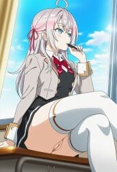 2d ai_assisted ai_generated alisa_mikhailovna_kujou anime anime_style aroused bare_pussy big_breasts blue_eyes bottomless casual_exposure casual_nudity classroom clothes_on day desk execro female female hi_res highres ignoring indoors intimacy long_hair lovers male_pov no_panties novelaicommentary_request perky_breasts pov pussy pussy_peek requested roshidere school silver_hair soft_breasts solo solo_female solo_focus spread_legs straight_hair tokidoki_bosotto_russian_de_dereru_tonari_no_alya-san tsundere uncensored vagina window