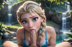 1boy 1boy1girl 1girls ai_generated artist_name bare_shoulders blonde_hair blowjob blue_bra blue_eyes bra braid breasts choker day disney disney_princess elsa_(frozen) erection eyelashes eyeshadow fellatio female frozen frozen_(film) frozen_2 hair_over_shoulder hi_res lips lipstick long_hair looking_at_viewer makeup male male_pubic_hair mascara medium_breasts nose oral outdoors patreon_username penis pov pov_crotch pubic_hair purple_eyeshadow r34arts rock saliva single_braid solo_focus straight tree uncensored underwear veins veiny_penis water waterfall watermark web_address