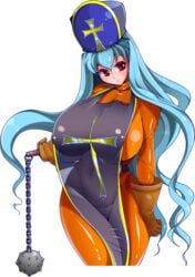 amano_taiki apron black_apron blue_hair blue_hat blush bodysuit breasts dragon_quest dragon_quest_iii flail hat latex orange_latex panties priest_(dq3) see-through sheer transparent_background weapon