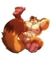 1boy abs anthro balls bara barefoot big_penis choi_yuhyun claws completely_nude cursedmarked english_commentary flaccid foreskin furry furry_male highres komboochie_(cursedmarked) male male_focus muscular muscular_male mustelid musteline nipples nude open_mouth pawpads pecs pectorals penis tail testicles tongue tongue_out uncircumcised weasel whiskers white_background xxl_woofia yaoi