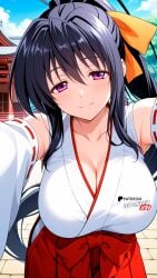 ai_generated akeno_himejima black_hair boosterred99 breasts female high_school_dxd illustrious_(stable_diffusion) japanese_clothes large_breasts long_hair miko orange_ribbon pony_diffusion_xl ponytail purple_eyes ribbon seductive selfie voluptuous