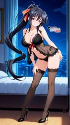 ai_generated akeno_himejima black_hair black_thighhighs boosterred99 bow female full_body fully_clothed heels high_heels high_school_dxd illustrious_(stable_diffusion) indoors large_breasts legs lingerie long_hair naughty_face negligee orange_ribbon pony_diffusion_xl ponytail purple_eyes red_bow ribbon see-through sexy_clothing thick_thighs thong voluptuous