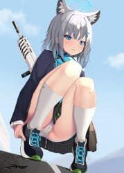 absurdres akinoji_(akiponpon27) animal_ear_fluff animal_ears ass assault_rifle bag blazer blue_archive blue_eyes blue_scarf buttoned_cuffs buttons collared_shirt commentary_request cross_hair_ornament extra_ears female gun hair_between_eyes hair_ornament halo highres jacket kneehighs long_sleeves looking_at_viewer medium_hair mismatched_pupils panties pantyshot peeing peeing_self plaid_clothes plaid_skirt pleated_skirt rifle scarf school_bag school_uniform shiroko_(blue_archive) shirt shoes sidelocks sig_556 sig_sauer skirt sneakers socks solo squatting tiptoes underwear weapon white_panties white_socks wolf_ears wolf_girl
