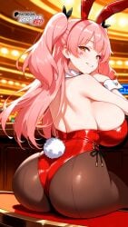 ai_generated ass ass_focus boosterred99 bow bowtie bunny bunny_costume bunny_ears bunny_girl bunny_tail bunnysuit casino cuffs from_behind from_behind_position fujinoki_nene gal hajimete hajimete_no_gal illustrious_(stable_diffusion) leotard long_hair looking_back no pantyhose pink_hair playboy_bunny pony_diffusion_xl red_bow red_leotard sitting sitting_on_chair star twintails yellow_eyes