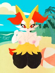 absurd_res anthro braixen breasts canid canine female fur generation_6_pokemon genitals hi_res inner_ear_fluff irgramfox mammal nintendo pokemon pokemon_(species) solo tail tuft white_body yellow_body yellow_fur