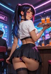 ai_generated bar buttplug darkeffect female female_focus light-skinned_female light_skin looking_at_viewer looking_back neon neon_lights night_club ponytail sex_toy sex_toy_in_ass skirt small_waist waiter waiter_tray waitress