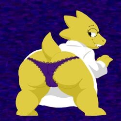 alphys anthro anxietyfilledfluf clothing coat eyewear female glasses lab_coat panties purple_clothing purple_panties purple_underwear solo teeth topwear undertale_(series) underwear