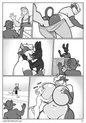 5_fingers almond_(freckles) anthro anthro_on_anthro ass big_breasts biped bovid bovine breasts cattle clothed clothing comic duo equid equine female fingers freckles_(artist) french_kissing hi_res horn horse interspecies kissing lagomorph leporid male male/female mammal mane monochrome murid murine rabbit rat rodent tail