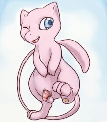 1boy animal_genitalia animal_penis barbed_penis blue_eyes digital_media_(artwork) erection feral furry lavilovi legendary_pokemon male male_only mammal mew nintendo nude open_mouth penis pokemon pokemon_(species) precum simple_background smile solo testicles tongue video_games