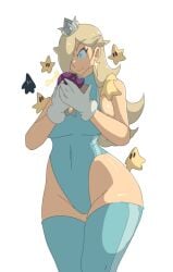 blue_clothing breasts cute cute_expression cute_girl eating eating_food hips leedraw11 luma mario_(series) mushroom princess_rosalina super_mario_galaxy wide_hips