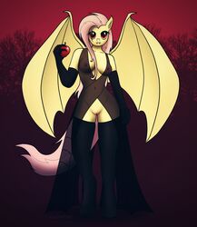 2017 absurd_res anthro anthrofied apple armwear bat_pony bat_wings breasts clothing dress elbow_gloves fangs female fluttershy_(mlp) food friendship_is_magic fruit gloves hair hi_res holding_object legwear looking_at_viewer lumekat membranous_wings my_little_pony navel nipples outside pink_hair pussy red_eyes see-through solo stockings straight_hair thigh_highs uncensored wings