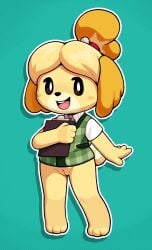 2025 absurd_res animal_crossing blush bottomless canid canine canis clipboard clothed clothing domestic_dog female gaturo genitals hi_res isabelle_(animal_crossing) looking_at_viewer mammal nintendo nude open_mouth pussy short smile solo standing tail vulva
