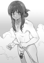 1boy absurdres akizakura_iori bar_censor blush censored cloud collarbone cowboy_shot foreskin greyscale highres ikemen_joshi_to_josou_danshi long_hair looking_at_viewer male_focus monochrome nude outdoors penis pointless_censoring sidelocks smoke solo standing steam tadd_(tatd) testicles trap