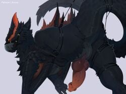 animal_genitalia anora_drakon ass black_body black_fur bondage bondage bound capcom digitigrade feet feral flying_wyvern fur genital_slit genitals hi_res knot knotted_penis male monster_hunter nargacuga penis presenting presenting_hindquarters reptile scalie soles solo