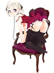 all_fours ass black_legwear blonde_hair blush breasts chained chains chair female garter_straps nanako_(artist) nipples original panties purple_eyes pussy short_hair short_twintails simple_background skirt socks solo striped striped_legwear thighhighs tied_hair twintails underwear white_background