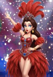 3d accurate_art_style ai_assisted ai_generated alternate_costume blue_eyes boobs breasts brown_hair busty carnival_outfit cleavage earrings eyeshadow feather_hair_ornament feathers lipstick mario_(series) nail_polish new_year_2026 nintenart3d nintendo pale_skin pauline purple_eyeshadow red_lipstick red_nails sexy super_mario_odyssey