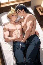 2boys ai_generated blonde_hair blue_eyes cloud_strife final_fantasy final_fantasy_vii gay male_only nipples white_skin yaoi zack_fair