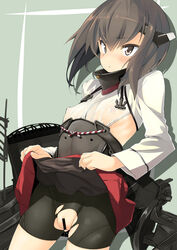 bike_shorts blush brown_eyes brown_hair censored erect_nipples female flat_chest headband headgear iwasaki_takashi kantai_collection nipples open_mouth personification pussy pussy_juice short_hair skirt skirt_lift solo taihou_(kantai_collection) torn_clothes wet wet_clothes