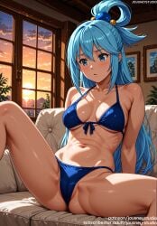 ai_generated aqua aqua_(konosuba) arm_support bangs bare_arms bare_shoulders bed bikini blue_bikini blue_eyes blue_hair blue_swimsuit blush breasts breasts_apart cameltoe clavicle cleavage closed_mouth clothing cloud collarbone couch curtains day evening eyebrows female female female_only front-tie_bikini_top front-tie_top hair_ornament hair_rings halterneck indoors jousneystudio kono_subarashii_sekai_ni_shukufuku_wo! konosuba lamp large_breasts legs lips long_hair medium_breasts navel on_bed on_couch outdoors partially_visible_vulva pillow plant shiny_skin sidelocks sitting sky smile solo spread_legs stomach string_bikini sun sunlight sunset sweat swimsuit thighs underboob window