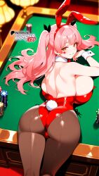ai_generated ass ass_focus boosterred99 bow bowtie bunny bunny_costume bunny_ears bunny_girl bunny_tail bunnysuit casino cuffs from_behind from_behind_position fujinoki_nene gal hajimete hajimete_no_gal illustrious_(stable_diffusion) leotard long_hair looking_back lying lying_on_back no on_stomach pantyhose pink_hair playboy_bunny pony_diffusion_xl red_bow red_leotard star twintails yellow_eyes